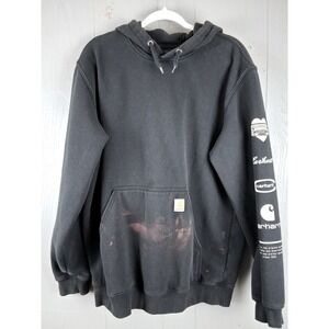 Carhartt Distressed Hoodie Mens LARGE Black Logo Sleeve Graphic Loose Fit 106228